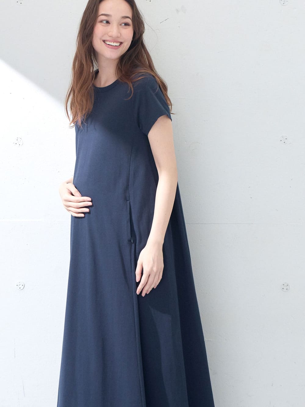 マタニティ ワンピース コットン100 Aライン半袖ワンピース ロング丈 マタニティ 授乳服 マタニティウェア 授乳服通販 エンジェリーベ 公式