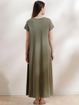 マタニティ ワンピース|コットン100%Aライン半袖ワンピース(ロング丈) マタニティ・授乳服【出産後も長く使える】