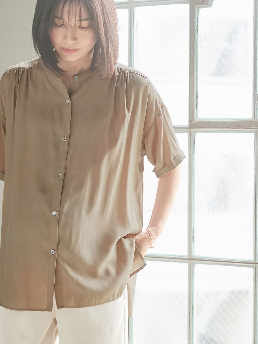 マタニティ トップス 授乳トップス マタニティ 産後 バンドカラーシャツ マタニティウェア 授乳服通販 エンジェリーベ 公式