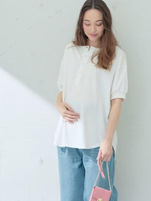 マタニティ トップス|【制菌・防臭加工】前後2WAY天竺カットソーヘンリーネックＴシャツ　マタニティ・授乳服【出産後も長く使える】