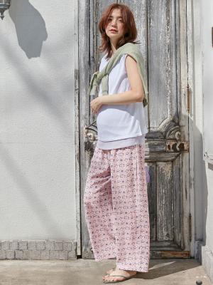 マタニティ パンツ|【マタニティ・産後対応】らくちんリラックスプリントストレートパンツ【出産後も長く使える】|ピンク