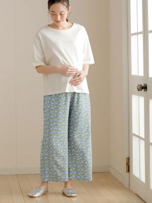 マタニティ パンツ|【マタニティ・産後対応】らくちんリラックスプリントストレートパンツ【出産後も長く使える】|ブルー