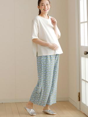 マタニティ パンツ|【マタニティ・産後対応】らくちんリラックスプリントストレートパンツ【出産後も長く使える】|ブルー