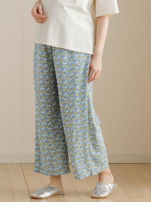 マタニティ パンツ|【マタニティ・産後対応】らくちんリラックスプリントストレートパンツ【出産後も長く使える】|ブルー