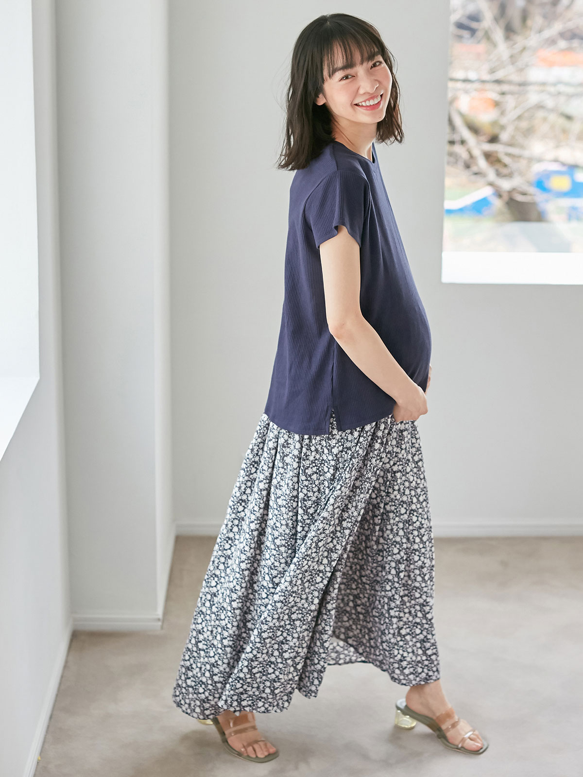 マタニティ ワンピース 出産後も長く使える コーデらくちんリブｔシャツ 花柄スカートドッキングロングワンピース マタニティ 授乳服 マタニティウェア 授乳服通販 エンジェリーベ 公式