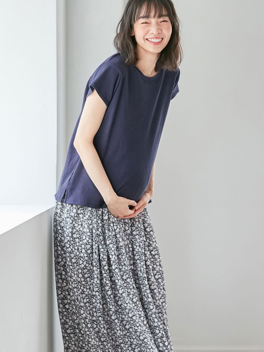 コーデらくちんリブTシャツ ＆花柄スカートドッキングロング