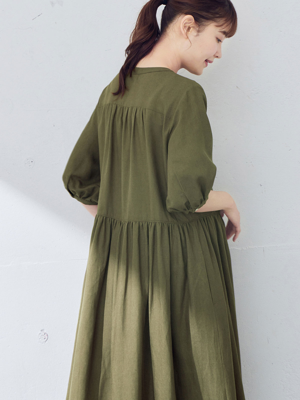 マタニティ ワンピース マタニティ 授乳服 五分袖テンセル麻ギャザーフレアワンピース マタニティウェア 授乳服通販 エンジェリーベ 公式