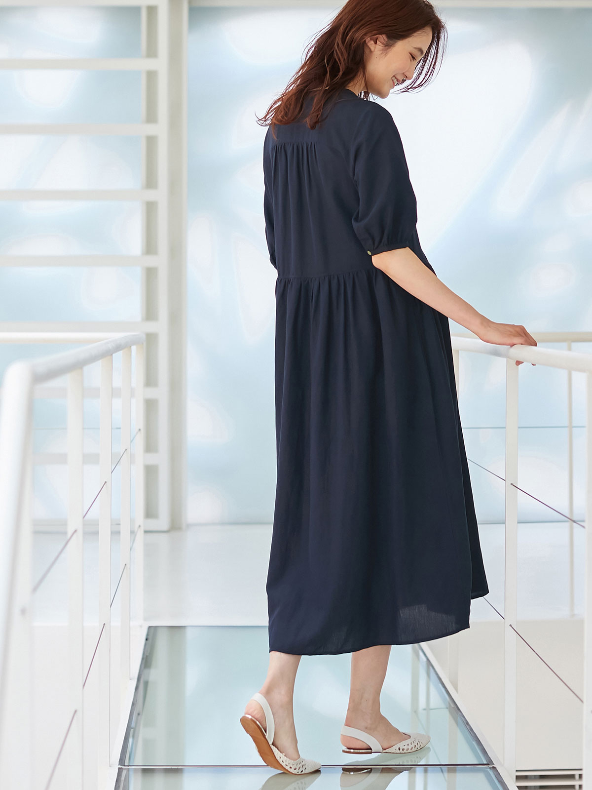 マタニティ ワンピース 出産後も長く使える 五分袖テンセル麻ギャザーフレアワンピース マタニティ 授乳服 マタニティウェア 授乳服通販 エンジェリーベ 公式