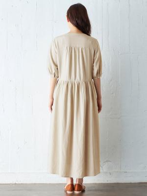 マタニティ ワンピース|五分袖テンセル麻ギャザーフレアワンピース マタニティ・授乳服【出産後も長く使える】