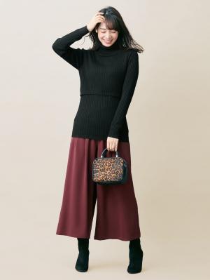 マタニティ パンツ|【産後用】ママと開発した産後サポートVパンツタックワイド|ボルドー