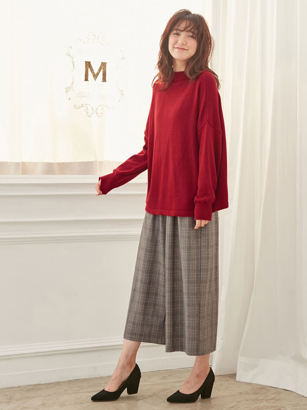 マタニティ パンツ|【産後用】ママと開発した産後サポートVパンツタックワイド|グレンチェック