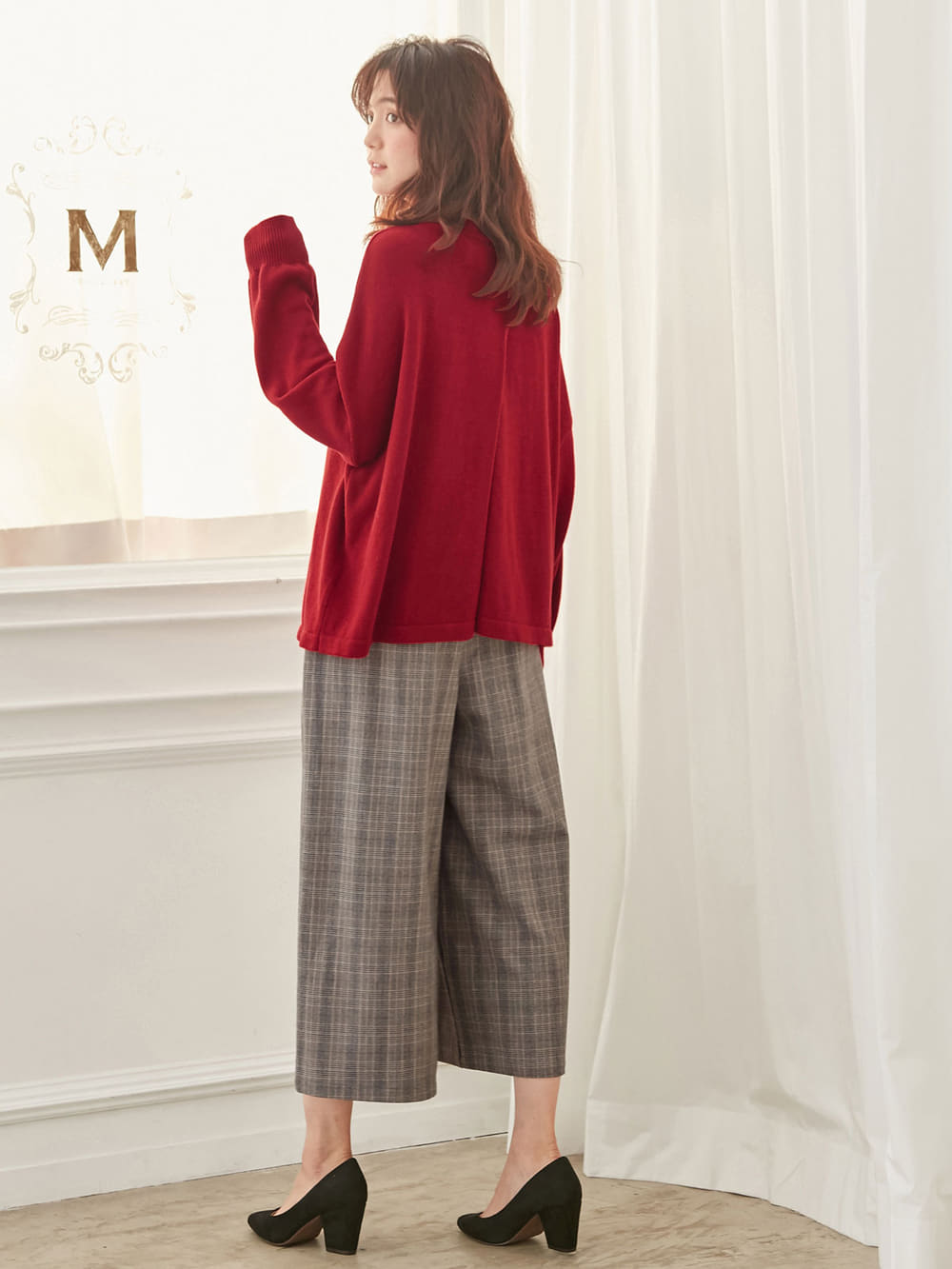 マタニティ パンツ|【産後用】ママと開発した産後サポートVパンツタックワイド|グレンチェック