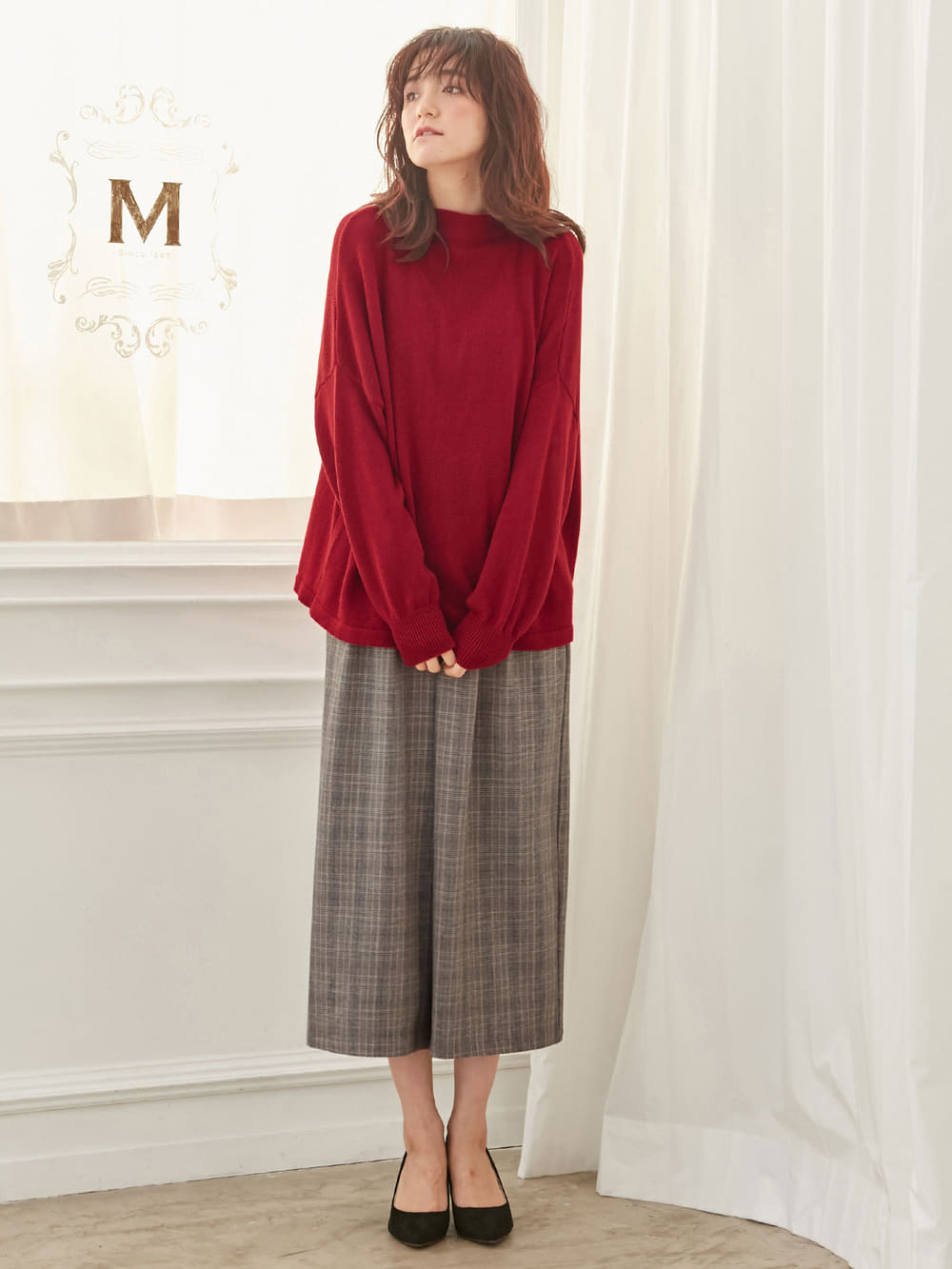 マタニティ パンツ|【産後用】ママと開発した産後サポートVパンツタックワイド|グレンチェック