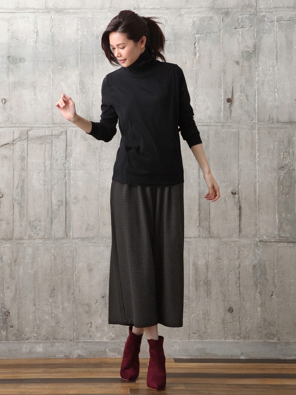 マタニティ パンツ|【産後用】ママと開発した産後サポートVパンツタックワイド|ウィンドウペンチェック