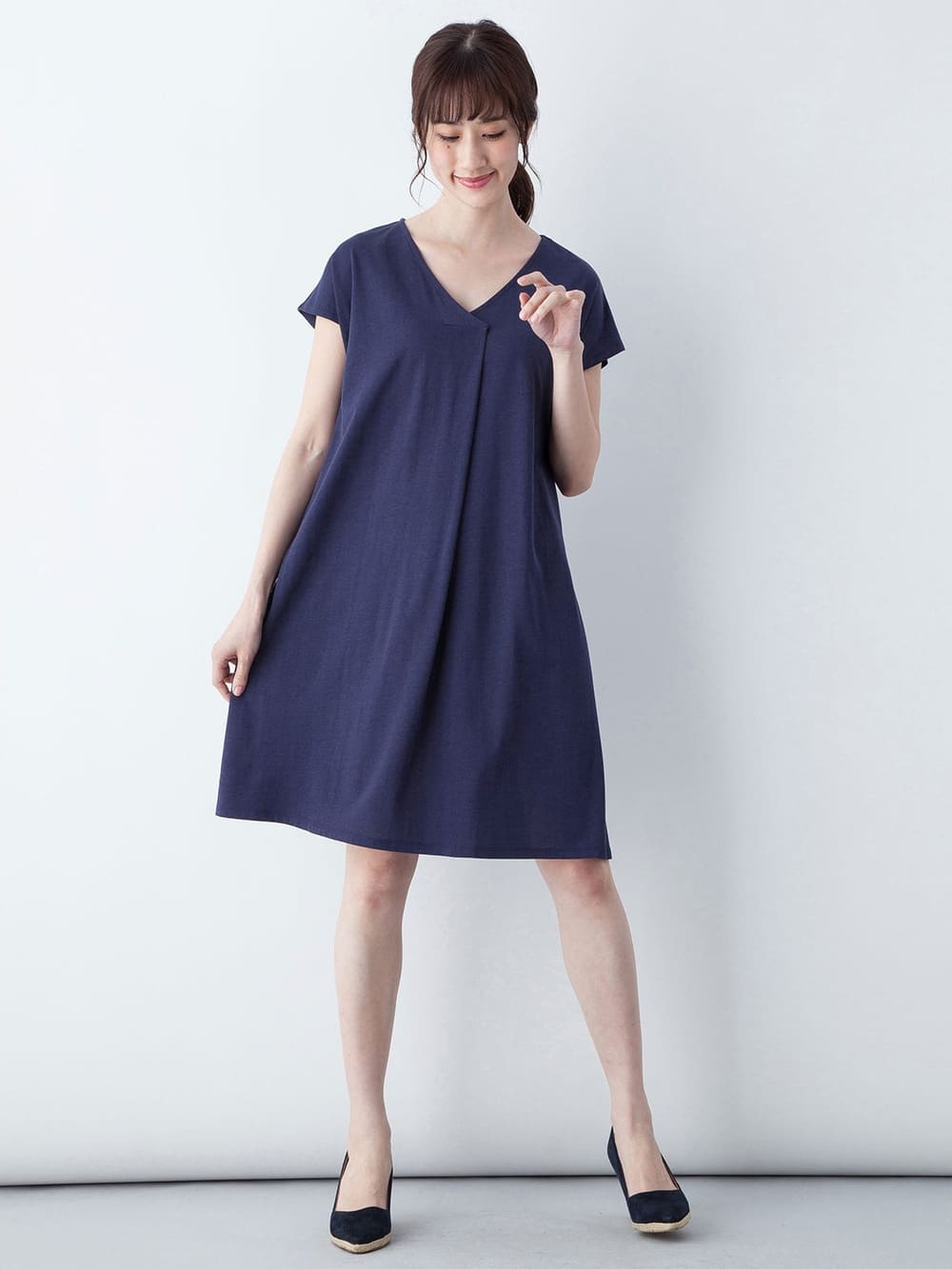 授乳ワンピース|フレンチスリーブフロントタックワンピース 産後・授乳服|ネイビー