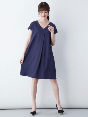 授乳ワンピース|フレンチスリーブフロントタックワンピース 産後・授乳服|ネイビー