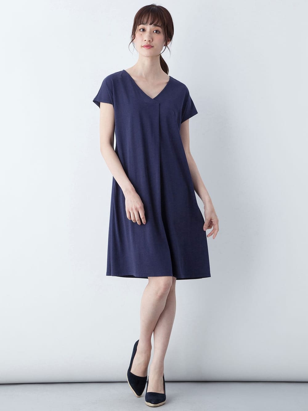 授乳ワンピース|フレンチスリーブフロントタックワンピース 産後・授乳服|ネイビー