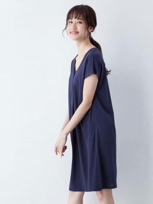 授乳ワンピース|フレンチスリーブフロントタックワンピース 産後・授乳服|ネイビー