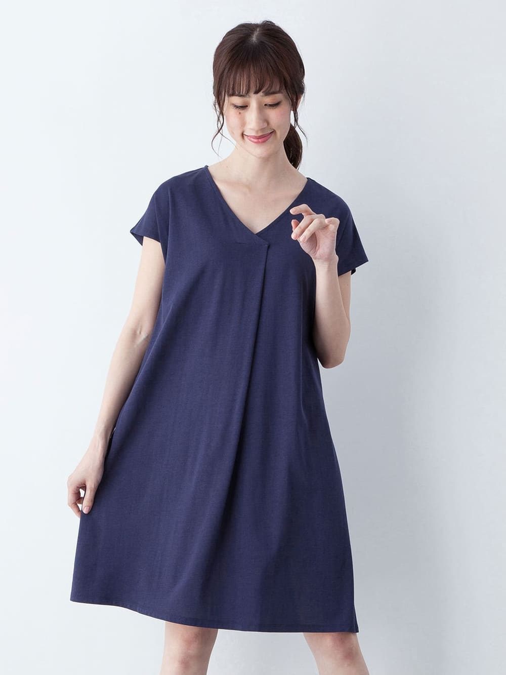 授乳ワンピース|フレンチスリーブフロントタックワンピース 産後・授乳服|ネイビー