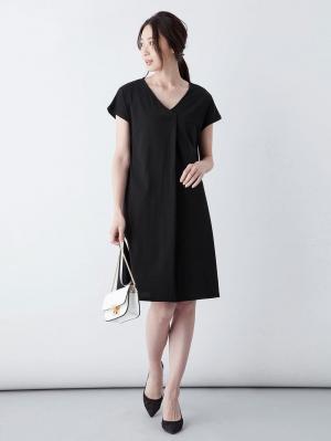 授乳ワンピース|フレンチスリーブフロントタックワンピース 産後・授乳服|ブラック