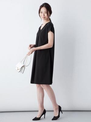 授乳ワンピース|フレンチスリーブフロントタックワンピース 産後・授乳服|ブラック