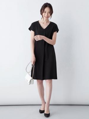授乳ワンピース|フレンチスリーブフロントタックワンピース 産後・授乳服|ブラック