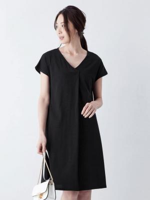 授乳ワンピース|フレンチスリーブフロントタックワンピース 産後・授乳服|ブラック