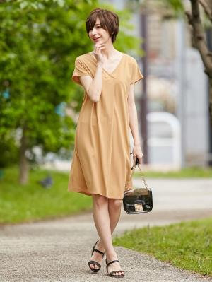 授乳ワンピース|フレンチスリーブフロントタックワンピース 産後・授乳服|ベージュ