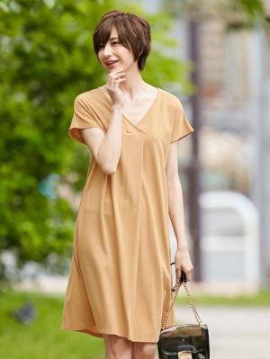 授乳ワンピース|フレンチスリーブフロントタックワンピース 産後・授乳服|ベージュ