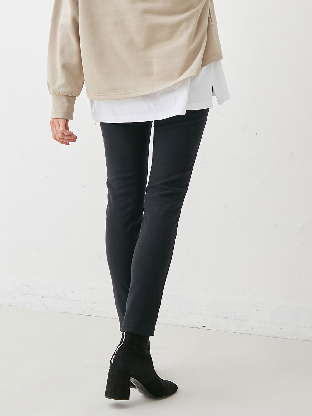 マタニティ パンツ|【産後用】【あったか】ママと開発した産後サポートV裏フェルトタッチ起毛スキニーパンツ|ブラック