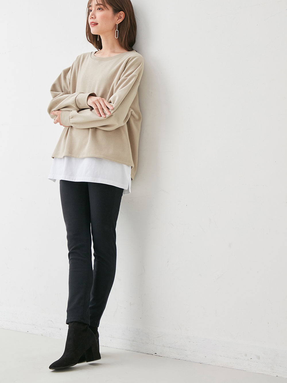 マタニティ パンツ|【産後用】【あったか】ママと開発した産後サポートV裏フェルトタッチ起毛スキニーパンツ|ブラック