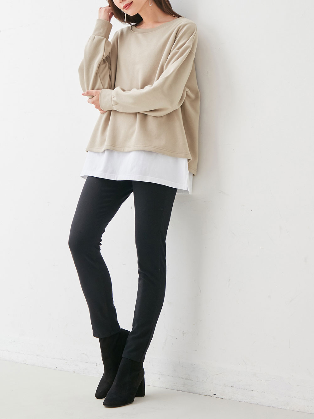 マタニティ パンツ|【産後用】【あったか】ママと開発した産後サポートV裏フェルトタッチ起毛スキニーパンツ|ブラック