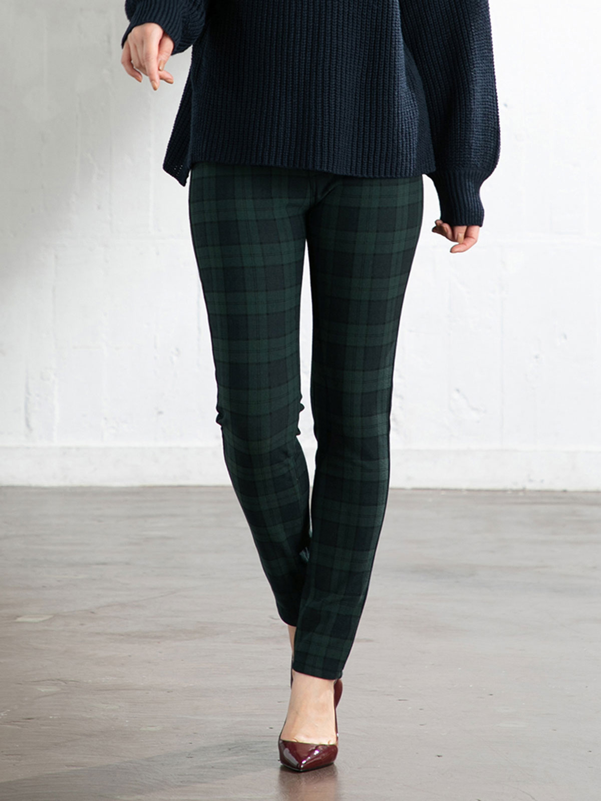 マタニティ パンツ|【産後用】【あったか】ママと開発した産後サポートV裏フェルトタッチ起毛スキニーパンツ|ブラックウォッチ