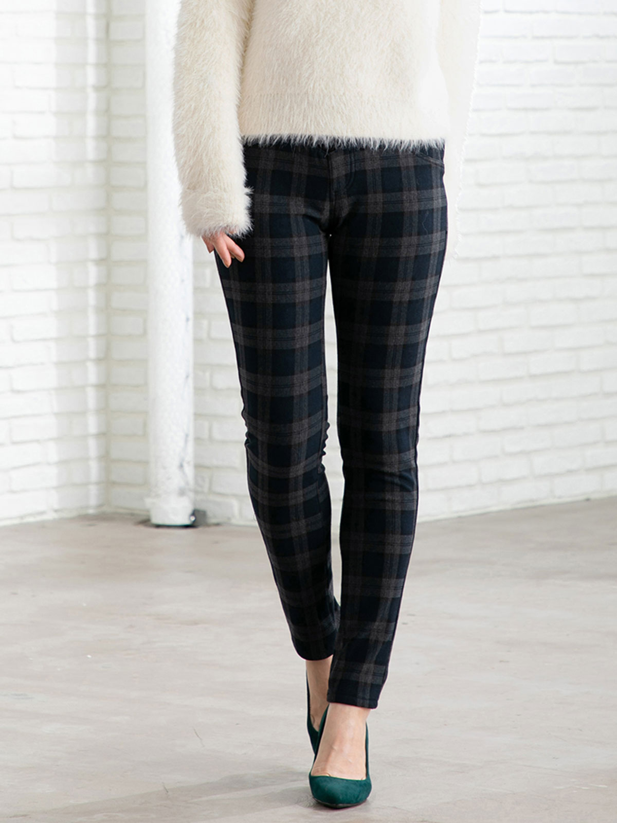 マタニティ パンツ|【産後用】【あったか】ママと開発した産後サポートV裏フェルトタッチ起毛スキニーパンツ|ブルーチェック