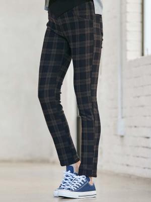 マタニティ パンツ|【産後用】【あったか】ママと開発した産後サポートV裏フェルトタッチ起毛スキニーパンツ|ブルーチェック