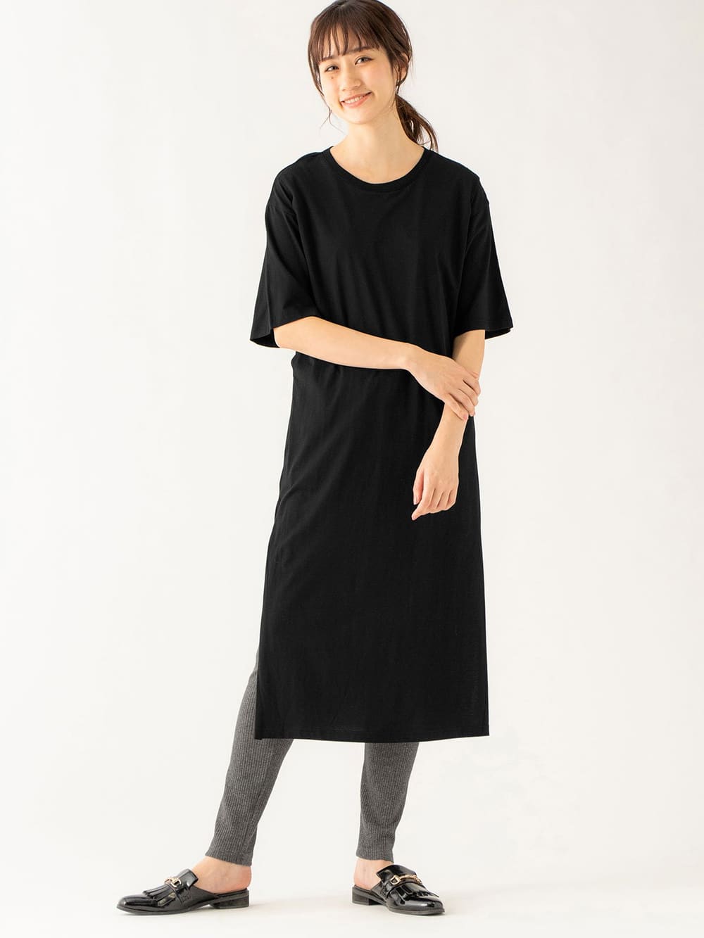 授乳トップス|サイドスリットチュニック　産後・授乳服【出産後も長く使える】|ブラック