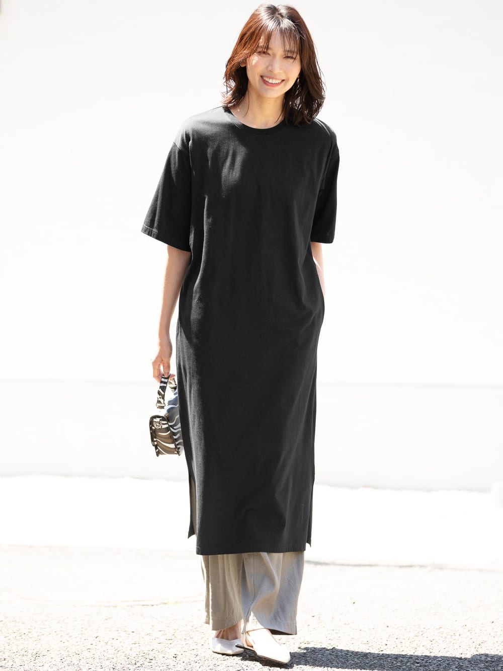 授乳トップス|サイドスリットチュニック　産後・授乳服【出産後も長く使える】|ブラックショートスリット