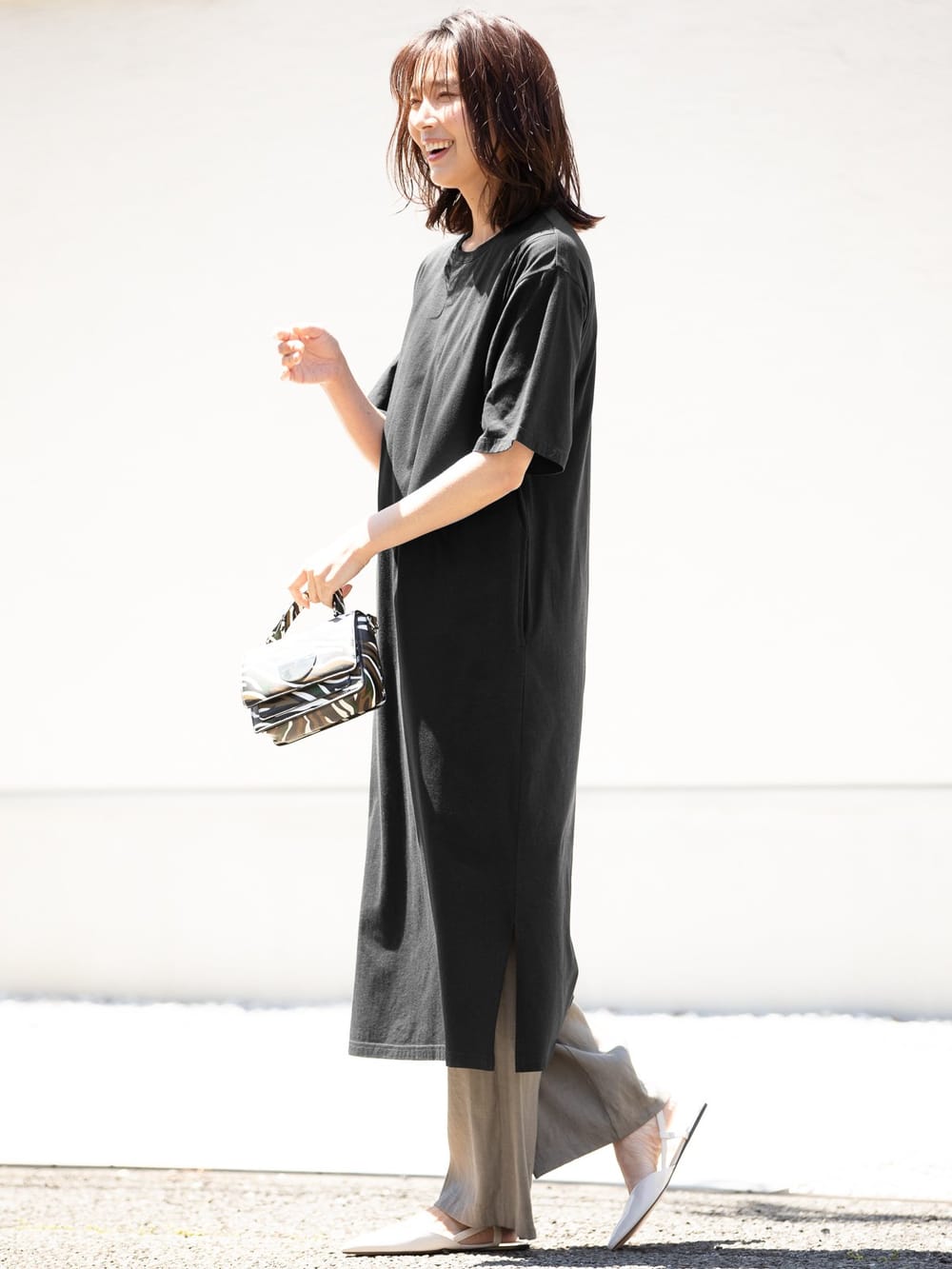 授乳トップス|サイドスリットチュニック　産後・授乳服【出産後も長く使える】|ブラックショートスリット