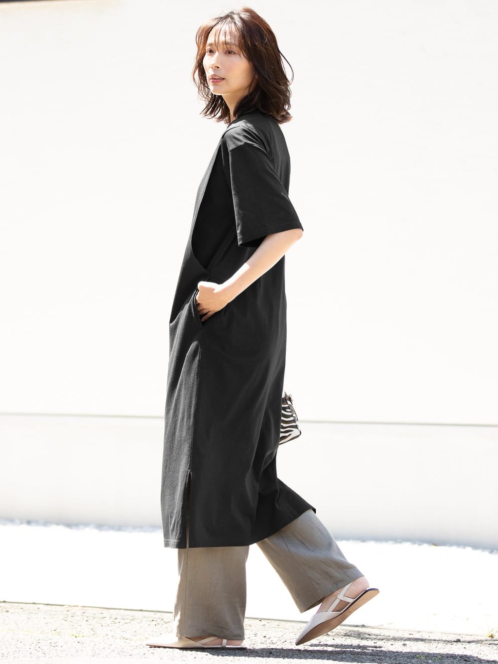 授乳トップス|サイドスリットチュニック　産後・授乳服【出産後も長く使える】|ブラックショートスリット