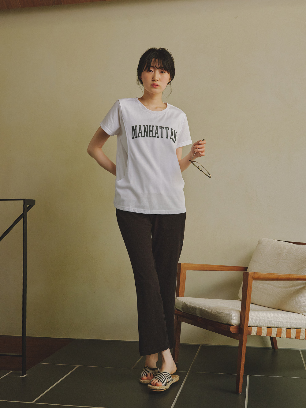 マタニティ パンツ|産後用 骨盤ベルト内蔵ストレートパンツ【出産後も長く使える】|ブラック