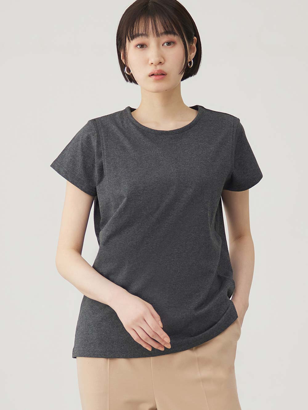 マタニティ トップス|【産後ママにやさしい防汚加工】綿100%授乳半袖TEE|チャコール
