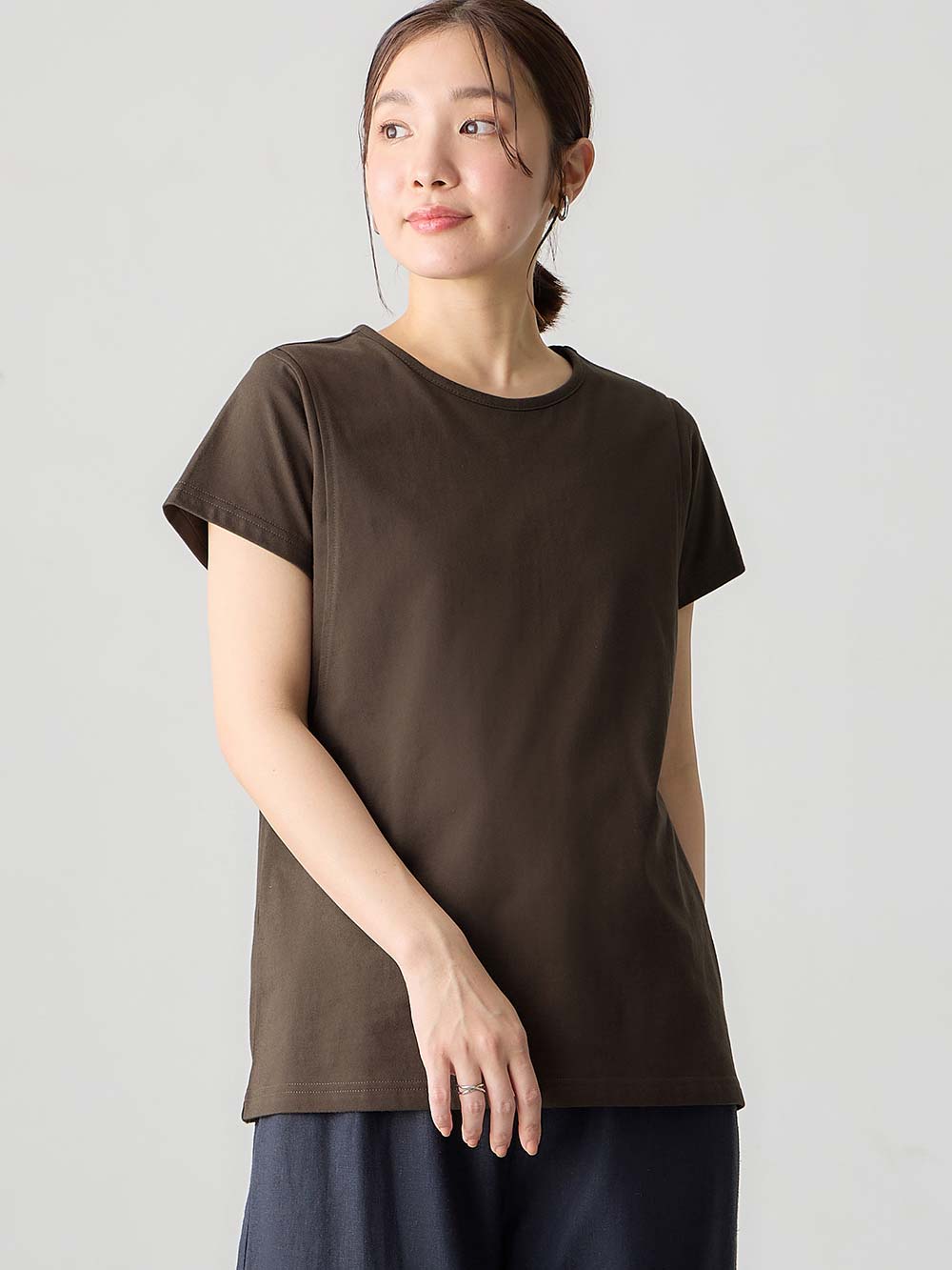 マタニティ トップス|【産後ママにやさしい防汚加工】綿100%授乳半袖TEE|ブラウン