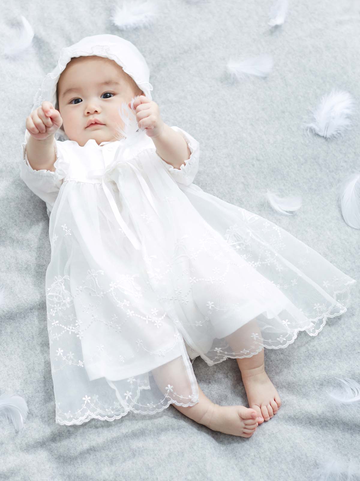 数回使用赤ちゃんの城日本製白柄レースベビードレス退院着セレモニードレス新生児-