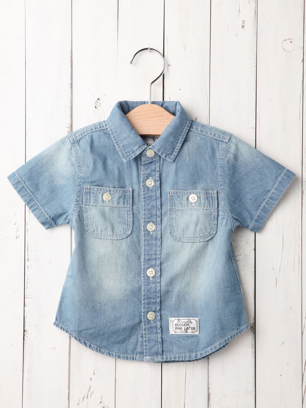 ベビートップス|CLOUDY FINE LATER（クラウディファインレター）デニム半袖シャツ|サックス