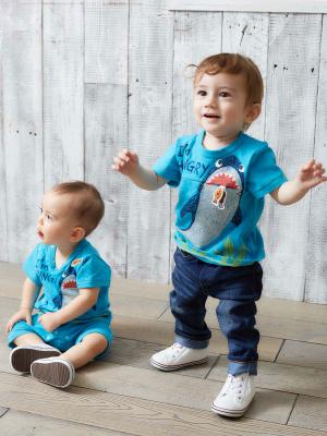 ベビートップス|【ベビー服】サメプリントTシャツ|ターコイズブルー