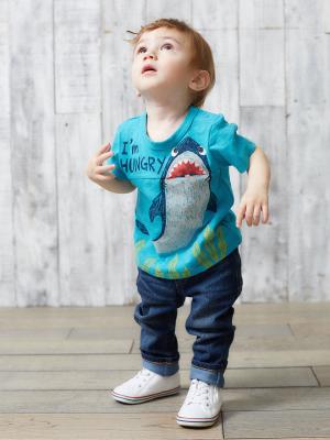 ベビートップス|【ベビー服】サメプリントTシャツ|ターコイズブルー