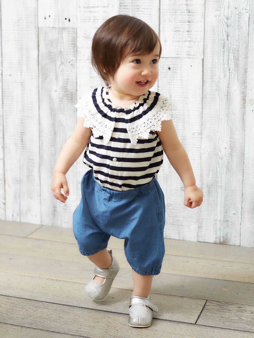 ロンパース・カバーオール|La Stella（ラ ステラ）ボーダーフリルカラーボディ