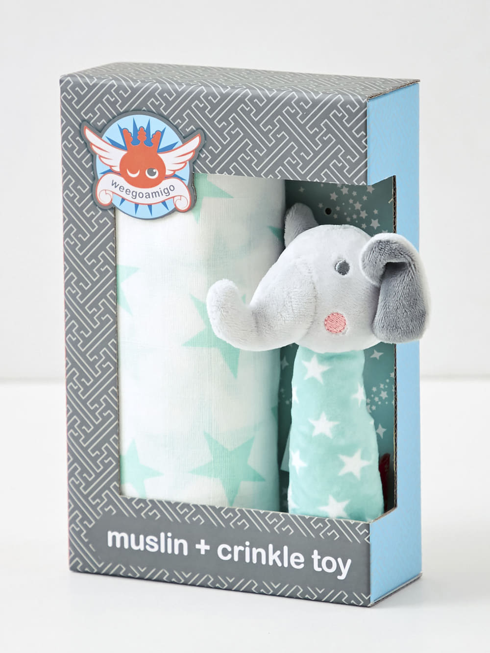 おくるみ|weegoamigo(ウィーゴアミーゴ) おくるみラトルセットMuslin+ Crinkle Toy Set|Seafoam Elephant