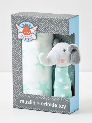 おくるみ|weegoamigo(ウィーゴアミーゴ) おくるみラトルセットMuslin+ Crinkle Toy Set|Seafoam Elephant