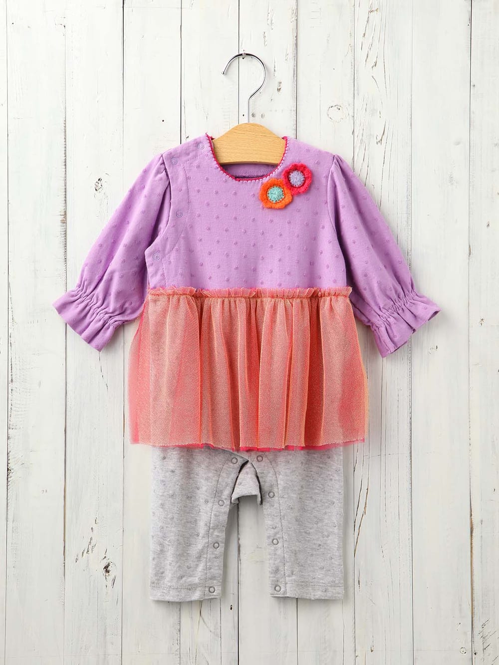 ベビー ワンピース|Caldia（カルディア）花付スカートオール|パープル